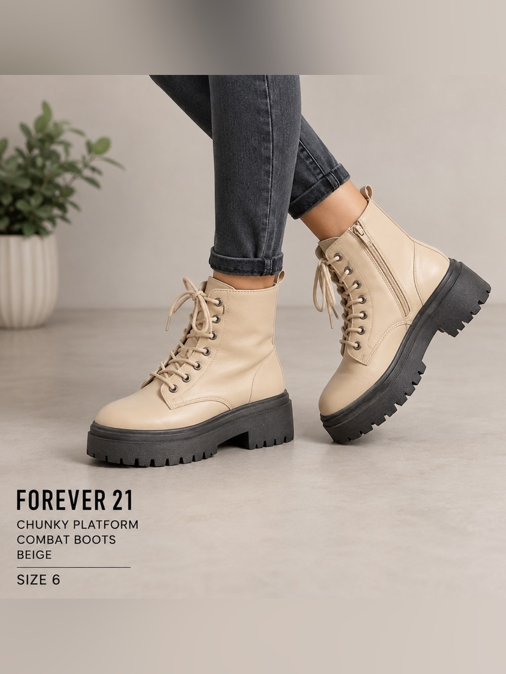 Forever 21 Chunky Platform Combat Boots Beige chic casual trendy Streetwear/6